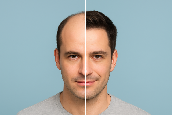 Before and after hair transplant comparison of a man showing hair restoration results