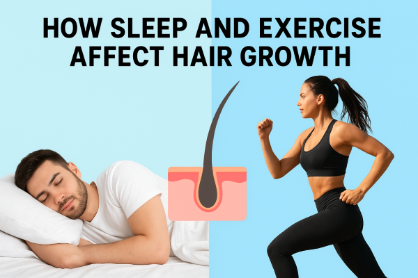 Split image showing a man sleeping and a woman running, with a hair follicle icon and the title "How Sleep and Exercise Affect Hair Growth."