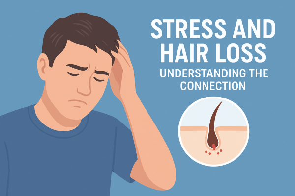 Illustration showing a stressed man experiencing hair loss alongside a close-up diagram of a damaged hair follicle, highlighting the connection between stress and hair thinning.