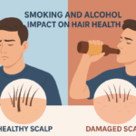 Illustration showing the difference between a healthy scalp with dense hair follicles and a damaged scalp with thin, weak hair caused by smoking and alcohol.