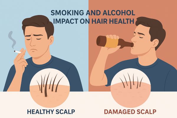 Illustration showing the difference between a healthy scalp with dense hair follicles and a damaged scalp with thin, weak hair caused by smoking and alcohol.