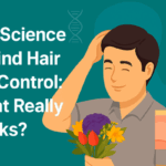 Illustration of a smiling man touching his hair, surrounded by scientific icons like a DNA strand and lab flask, with a cross-section of a hair follicle. Text reads: 'The Science Behind Hair Fall Control: What Really Works?' on a teal background.