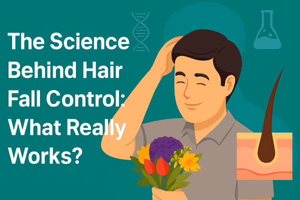Illustration of a smiling man touching his hair, surrounded by scientific icons like a DNA strand and lab flask, with a cross-section of a hair follicle. Text reads: 'The Science Behind Hair Fall Control: What Really Works?' on a teal background.