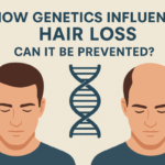 Illustration showing two men side by side—one with full hair and the other with hair loss—separated by a DNA strand, highlighting the role of genetics in hair loss.