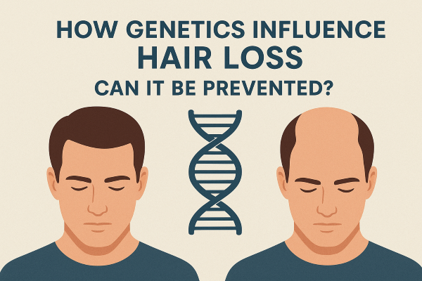 Illustration showing two men side by side—one with full hair and the other with hair loss—separated by a DNA strand, highlighting the role of genetics in hair loss.