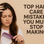 Woman brushing tangled hair, showing common hair care mistakes like aggressive combing and heat damage.