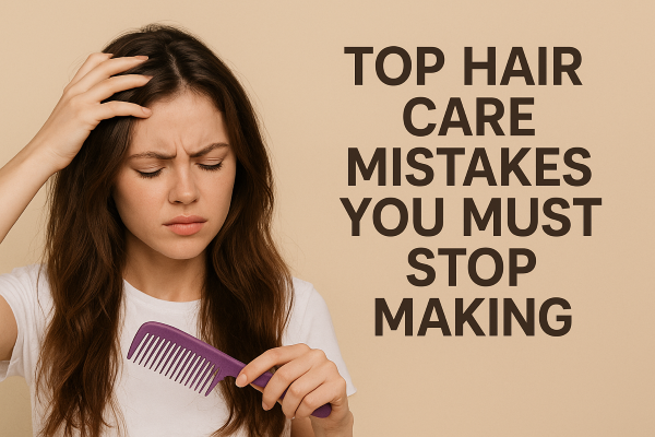 Woman brushing tangled hair, showing common hair care mistakes like aggressive combing and heat damage.