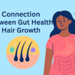 Illustration showing a woman with long healthy hair and a stylized digestive system overlayed on her torso, alongside a circular graphic of hair follicles and friendly gut bacteria, set against a light blue background.