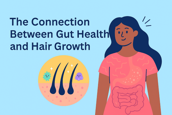 Illustration showing a woman with long healthy hair and a stylized digestive system overlayed on her torso, alongside a circular graphic of hair follicles and friendly gut bacteria, set against a light blue background.