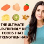 A young woman with long dark hair stands beside illustrations of healthy foods like avocado, salmon, eggs, strawberries, cheese, kiwi, nuts, and greens, with the text The Ultimate Hair-Friendly Diet: Foods That Strengthen Hair.