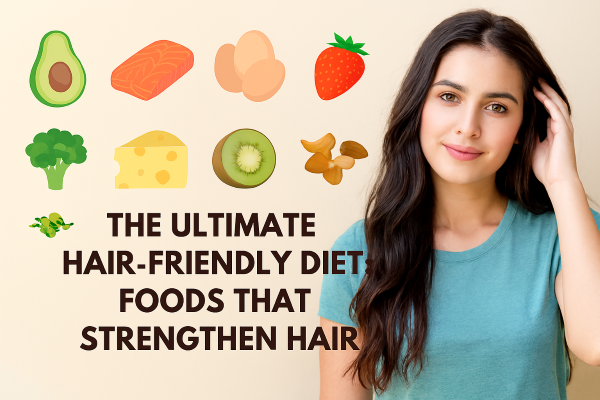 A young woman with long dark hair stands beside illustrations of healthy foods like avocado, salmon, eggs, strawberries, cheese, kiwi, nuts, and greens, with the text The Ultimate Hair-Friendly Diet: Foods That Strengthen Hair.