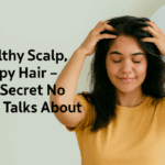 A woman gently massaging her scalp with a relaxed expression, alongside the text “Healthy Scalp, Happy Hair – The Secret No One Talks About.