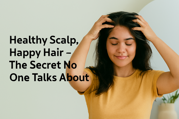 A woman gently massaging her scalp with a relaxed expression, alongside the text “Healthy Scalp, Happy Hair – The Secret No One Talks About.
