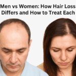 A man with a receding hairline and a woman with diffuse hair thinning looking down, illustrating the differences in hair loss between men and women.