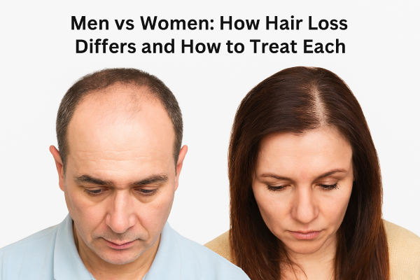 A man with a receding hairline and a woman with diffuse hair thinning looking down, illustrating the differences in hair loss between men and women.