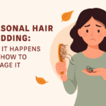 Illustration of a worried woman holding a hairbrush and fallen strands, symbolizing seasonal hair shedding and hair fall management.