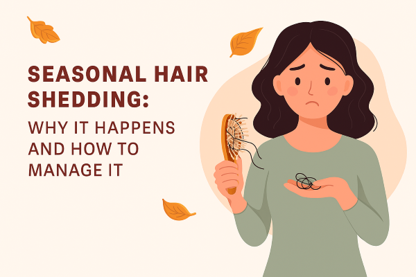 Illustration of a worried woman holding a hairbrush and fallen strands, symbolizing seasonal hair shedding and hair fall management.